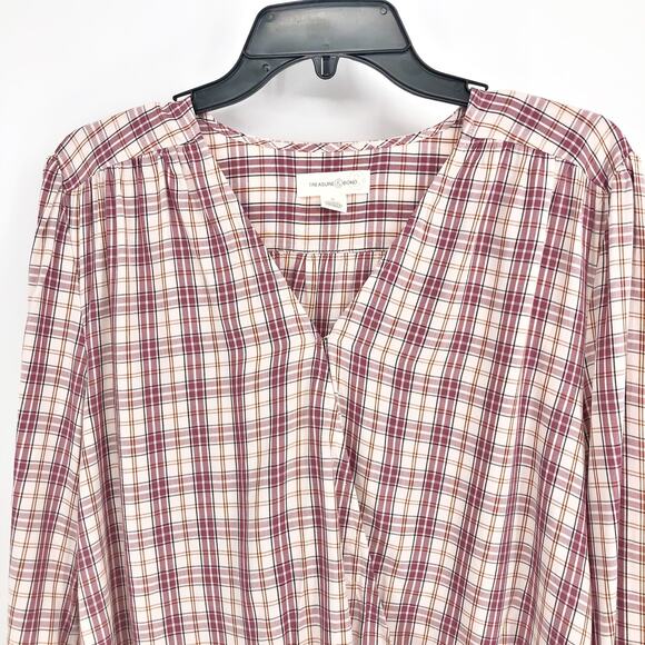 Treasure & Bond Womens Blouse Small Red Plaid Long Sleeve Surplice Pleated NWT - Picture 3 of 10